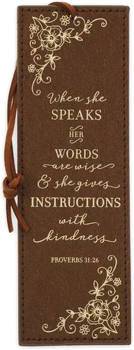 Christian Art Gifts - Marcapáginas premium de piel sintética vegana con escritura bíblica para mujeres: Cuando ella habla - Proverbios 31:26, Marrón