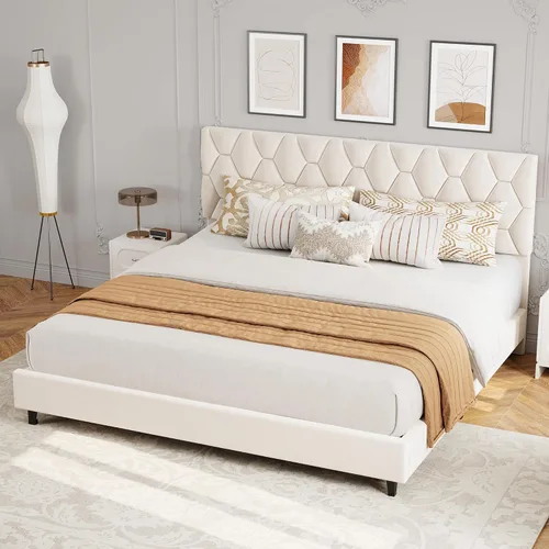Miniatura 23 de GAOMON Base de cama individual XL beige con cabecera tapizada, base de cama de plataforma resistente con listones de madera fuertes, no necesita