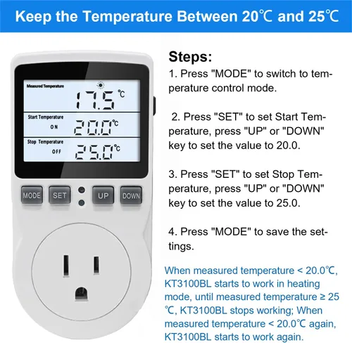 Miniatura 5 de KETOTEK Termostato de enchufe controlador de temperatura digital con retroiluminación LCD 120V, enchufe de control de temperatura de calefacción
