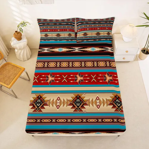 Miniatura 64 de Juego de ropa de cama de estilo bohemio occidental, tamaño individual, diseño de vaca atrapasueños, sábana bajera ajustable del suroeste, tribu