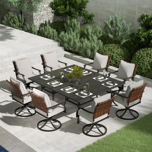 Miniatura 12 de Grand patio Juego de comedor de exterior de 5 piezas, 4 sillas de patio giratorias de mimbre con aspecto de cuero y 1 mesa de comedor cuadrada
