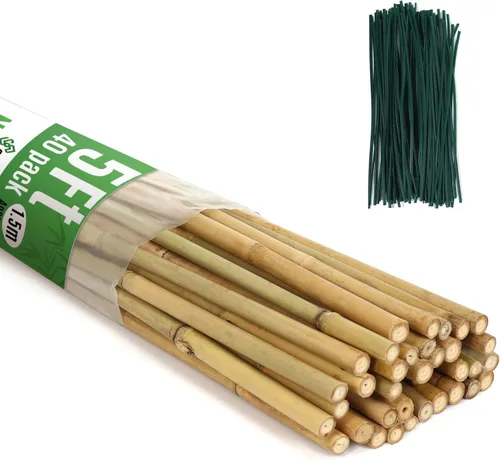 SWANGSA Paquete de 40 estacas de bambú para plantas de 5 pies (57.5 pulgadas), palos de bambú para soporte de plantas de jardín con 200 lazos