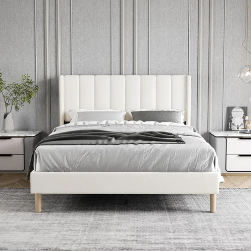 Miniatura 3 de Marco de Cama Tapizada de Plataforma Tamaño Full con Cabecero, Soporte de Listones de Madera Resistentes, No Necesita Somier, Montaje Fácil, Beige