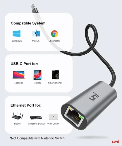 Miniatura 6 de uni Adaptador USB-C a Ethernet de 2.5 Gbps, Blazing Fast Type-C (compatible con Thunderbolt 4/3) a RJ45, adaptador de red Gigabit de aluminio