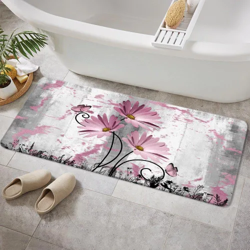 Miniatura 16 de Alfombra de baño rústica de granja, diseño de margaritas y mariposas en madera de campo, tapete de baño de madera color gris, blanco, azul marino