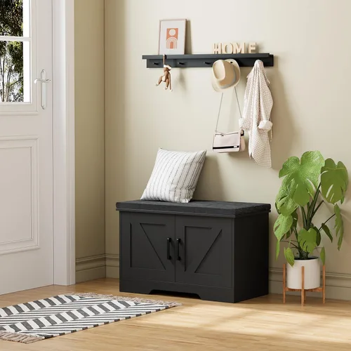 Miniatura 6 de HOMSHO Banca de almacenamiento de 2 niveles, banca para zapatos de 70 cm de ancho con cojín de asiento acolchado, banca de entrada con 2 puertas