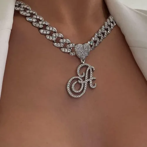 Miniatura 3 de BLBLJERY Collares con iniciales, cadena de eslabones cubanos de plata para mujer, cadena helada con dije de letra de corazón, cadena personalizada