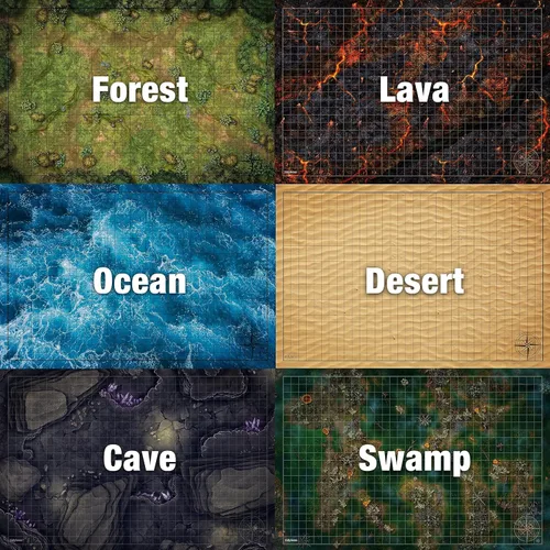 Miniatura 5 de Tidyboss DND - Paquete de expansión 3 alfombrillas de cuadrícula de juego de doble cara de 24 x 36 6 terrenos con lava, mar, bosque, cueva