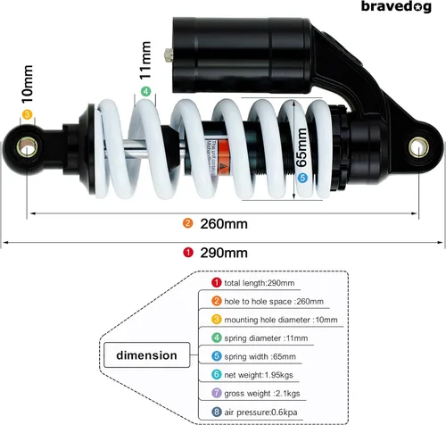 Miniatura 2 de Amortiguador trasero de gas de 260 mm para motocicletas de 50 cc, 70 cc, 110 cc, 125 cc (longitud 260 mm) (260 mm)