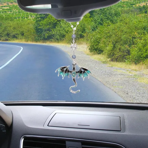 Miniatura 3 de Abalorio de Coche Colgante para Espejo Retrovisor - Dijes de Espejo Retrovisor Retro Azul y Plata en Forma de Dragón, Ornamento Atrapador de Sol