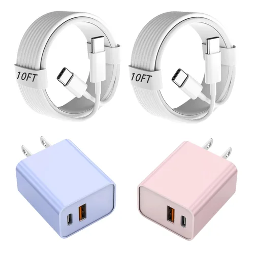 Miniatura 10 de Cargador rápido de 10 pies para iPhone 17/16e, paquete de 2 adaptadores de corriente USB C+A de 20 W de doble puerto, cable de carga rápida USB C a
