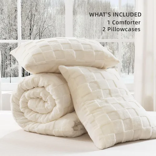 Miniatura 7 de Litanika - Juego de edredón esponjoso tamaño individual color beige, 3 piezas, ropa de cama de sherpa de felpa cálida para invierno, juego de cama