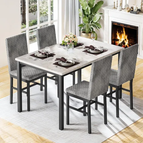 Miniatura 7 de Hooseng Juego de mesa de comedor para 4 mesas de comedor de 5 piezas de mármol sintético con 4 modernas sillas tapizadas de terciopelo para espacios
