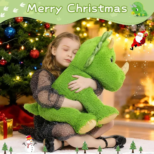 Miniatura 6 de Muiteiur Triceratops - Animal de peluche gigante de dinosaurio para mamá con 3 bebés pequeños, juguete de dinosaurio de felpa suave verde, regalo