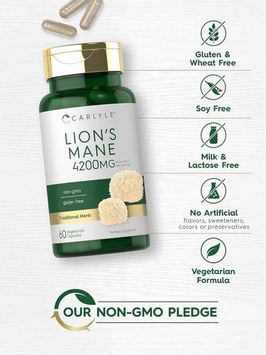 Miniatura 4 de Carlyle Lions Mane - Cápsulas de hongos 60 unidades Fórmula corporal fructífera con extracto de pimienta negra Suplemento vegetariano, sin