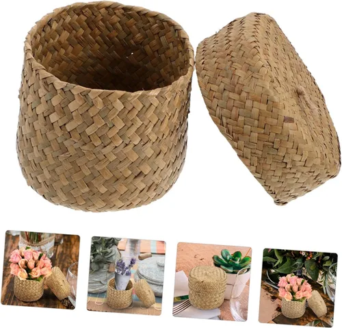 Miniatura 9 de Caja tejida hecha a mano de la cesta de la flor de la paja mini maneja redonda de la cesta