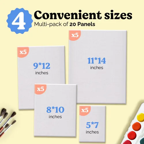 Miniatura 2 de Chalkola Lienzo para pintar, (paquete de 20 unidades, 5 x 7, 8 x 10, 9 x 12, 11 x 14 pulgadas), paneles 100% algodón, lienzos imprimados en blanco