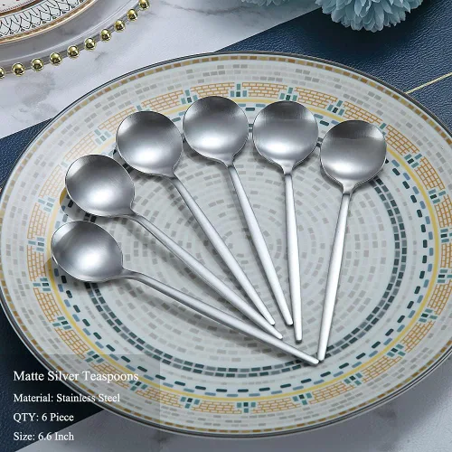 Miniatura 2 de Matt Silver - 6 cucharaditas de té de acero inoxidable para el hogar, cocina o restaurante, aptas para lavavajillas