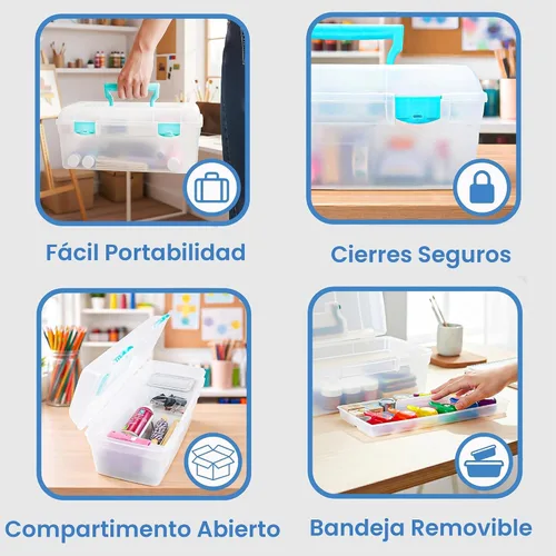 Miniatura 4 de ArtBin 6937AG Essentials contenedor con bandeja extraíble, organizador portátil de arte y manualidades con asa y bandeja, transparente/aguamarina