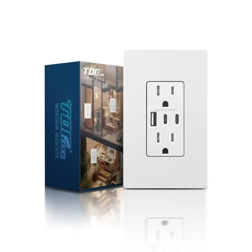 Miniatura 12 de TOPELER - Toma de corriente para montaje en pared con puertos USB 6.0A, dos tomas eléctricas de 20 amperios, tomas y puertos resistentes a la Negro