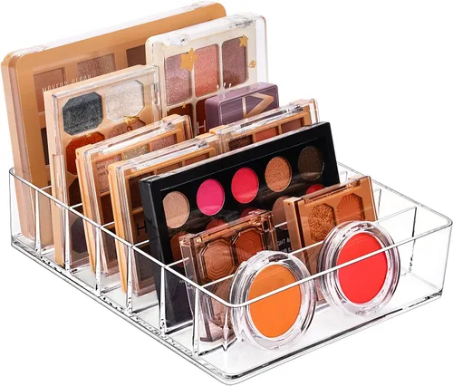 JessLab Organizador de maquillaje para paleta de sombras de ojos y lápiz labial, 7 secciones de acrílico dividido, almacenamiento de cosméticos para