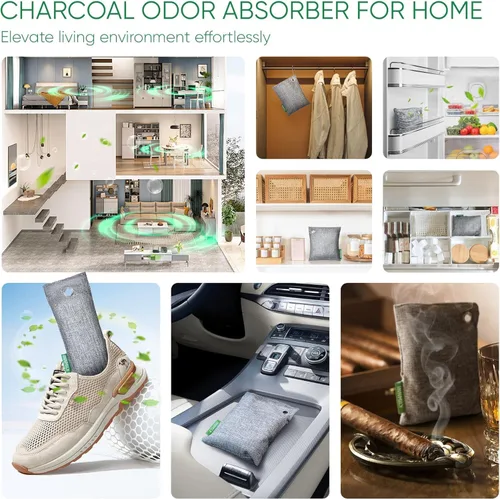 Miniatura 6 de Absorbedor de olores de carbón activado, grande de 17.64 oz con ganchos, removedor de olores naturales para olores fuertes, bolsas purificadoras