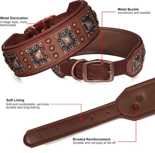 Miniatura 5 de PET ARTIST Collar de Perro de Cuero Acolchado Mejorado, Collares de Perro de Cuero Genuino de 2 Pulgadas de Ancho con Remache Tachonado Resistente