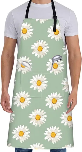 Delantal floral de margaritas blancas para mujer, 28 x 33 pulgadas, delantales de cocina de primavera fresca con 2 bolsillos, tela Oxford, delantal