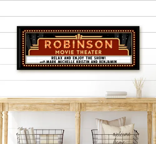 Pretty Perfect Studio Letreros de cine personalizados para sala de cine en casa, arte de pared vintage, 10 x 20 pulgadas A. Teatro en casa familiar