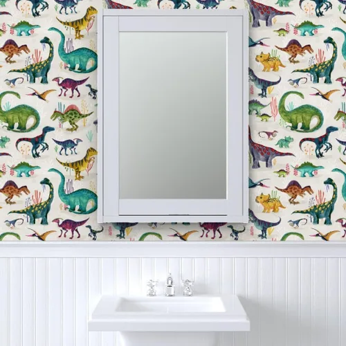 Miniatura 9 de Muestras de papel tapiz para despegar y pegar, dinosaurios, brillantes, grandes, verdes, para niños, rayas grises, dibujado a mano, dinosaurios