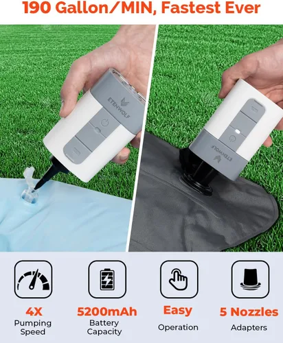 Miniatura 2 de ETENWOLF AIR 5 - Bomba de aire para inflables, bomba de aire eléctrica portátil con batería de 5200 mAh, inflador rápido y desinflador 4X, bomba