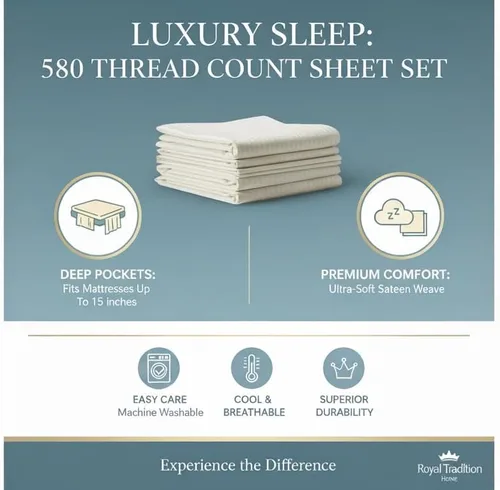 Miniatura 4 de Royal Tradition Damasco rayado 580 hilos, 100 % algodón tamaño Queen juego de sábanas de cama beige