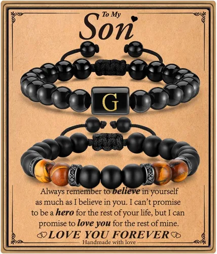 STORUP Regalos para mi hijo de mamá papá, 2 pulseras de cuentas de obsidiana con inicial de ojo de tigre y ágata negra, regalos de cumpleaños, Día
