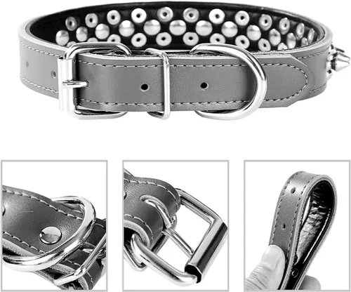 Miniatura 2 de Serijoars Collares ajustables de cuero genuino con tachuelas para perros pequeños, medianos y grandes, Pit Bull, Bulldog, Pugs, Husky (L, morado 2)