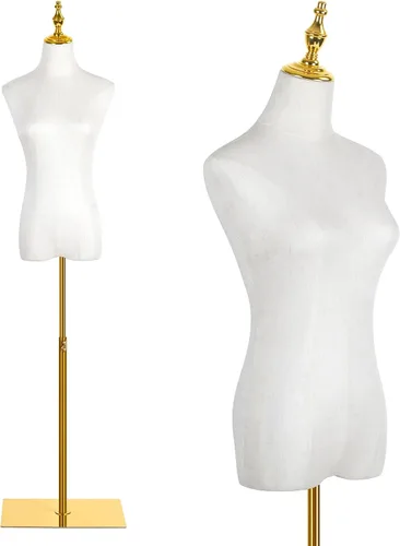 Forma de vestido de torso de maniquí femenino con soporte de metal dorado, modelo de exhibición de ropa de altura ajustable de 47 a 75 pulgadas con