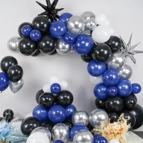 Miniatura 3 de Kit de arco de globos azul marino y negro, guirnalda de globos con globos de papel de aluminio metálico plateado blanco oscuro globos de látex
