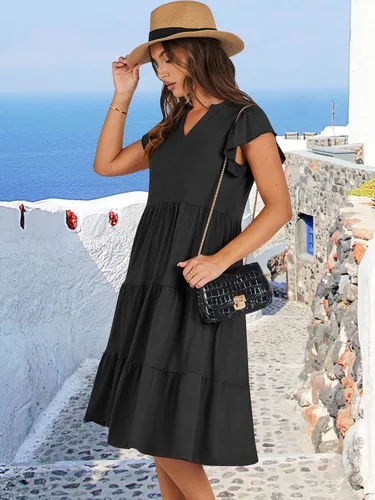 Miniatura 3 de ANRABESS Vestido de verano para mujer, manga con volantes, cuello en V, vestido midi a la moda, casual, holgado, escalonado, bohemio, playa