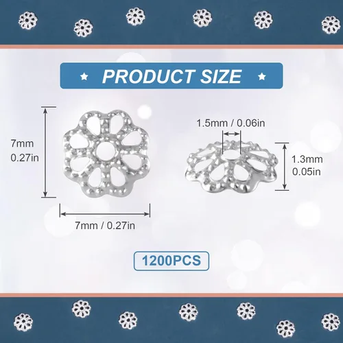 Miniatura 5 de ANCIRS 1200 tapas espaciadoras de cuentas espaciadoras de 0.27 pulgadas para hacer joyas, tapas de cuentas de filigrana de flores de metal para Plata