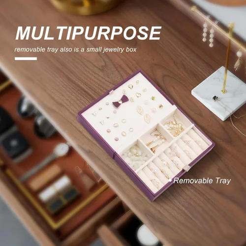 Miniatura 9 de V-LAFUY Organizador de joyas de viaje, organizador de joyas de viaje grande, joyero de viaje y estuche portátil para joyas de viaje, rojo burdeos