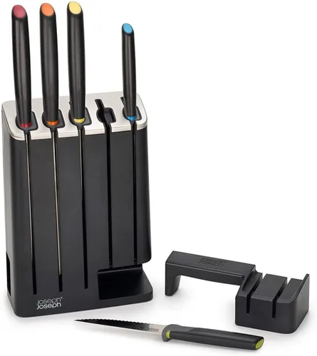 Joseph Joseph Elevate Knives SlimBlock Juego de cuchillos de cocina de acero inoxidable de 7 piezas con afilador de cerámica, color negro