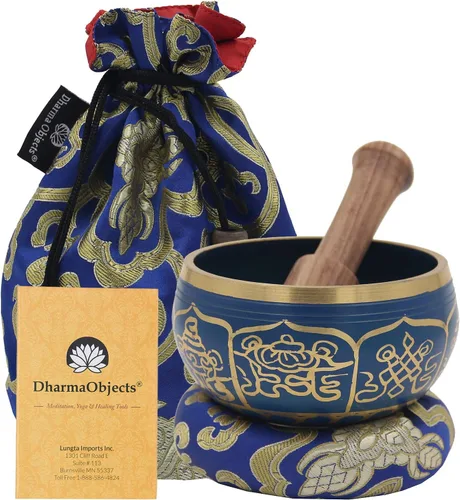 Miniatura 7 de DharmaObjects ~ Juego de cuencos tibetanos OM con mazo, cojín de brocado y bolsa de transporte ~ para meditación, curación de chakras, oración, yoga