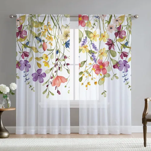 Miniatura 19 de Cortinas de hojas de eucalipto verdes para sala de estar de 63 pulgadas de largo, juego de 2 paneles elegantes de flores silvestres con estampado