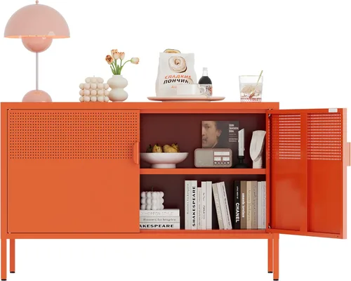 Miniatura 17 de Gabinete de almacenamiento de metal, soporte de TV de 2 puertas, gabinete de acento de malla metálica, cierre de puerta magnético, gabinetes de Negro