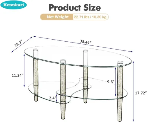 Miniatura 3 de Mesa de centro ovalada con almacenamiento, moderna mesa de vidrio de 3 capas para sala de estar (marrón)
