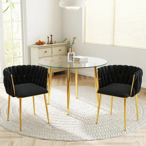 Set de comedor redondo de vidrio dorado para 2, 36' de diámetro, juego de comedor moderno minimalista de lujo, juego de 3 piezas de mesa circular de
