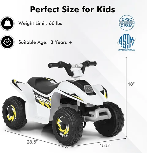 Miniatura 7 de DORTALA ATV para niños, auto motorizado de juguete alimentado por batería de 6 V, ruedas antideslizantes, Quad eléctrico de 4 ruedas para niños de 3