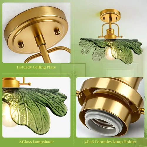 Miniatura 4 de Paquete de 2 lámparas de techo de cristal verde vintage, lámpara de techo semiempotrada, lámparas doradas para cerca del techo con pantalla