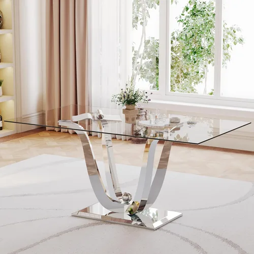 Miniatura 43 de Mesa de comedor de cristal de 51 pulgadas, mesa de comedor para 4-6, mesa de cocina dorada con patas de metal superior de vidrio templado