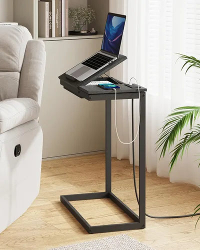 Miniatura 2 de TUTOTAK Mesa auxiliar en forma de C con estación de carga, mesa auxiliar inclinable para computadora portátil, mesa debajo del sofá para sala