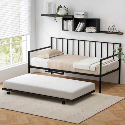 Miniatura 10 de Giantex Marco de cama de metal tamaño individual, cama de día con soporte de listones de metal y barandillas de 3 lados, sofá cama 2 en 1 que ahorra